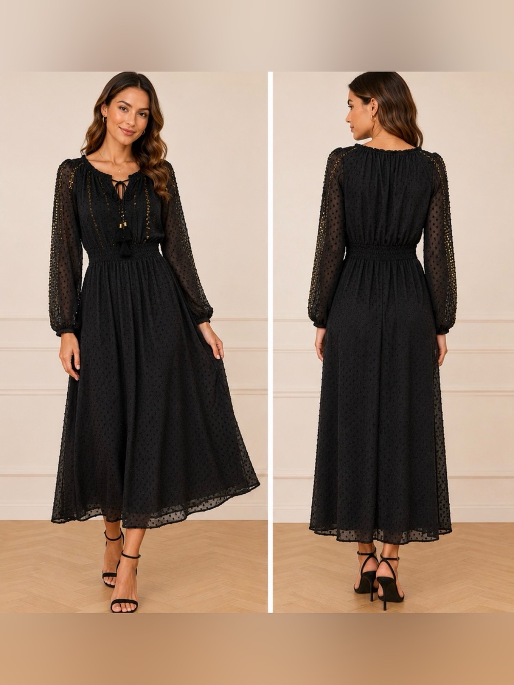 Altuzarra by Target Black Swiss Dot Maxi Dress Size‎ 2 Gold Sequin Tassel Boho